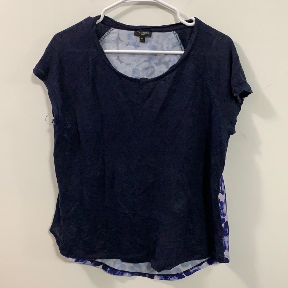 Women’s Talbots Linen front polyester floral back short sleeve top Sz Mp cute!